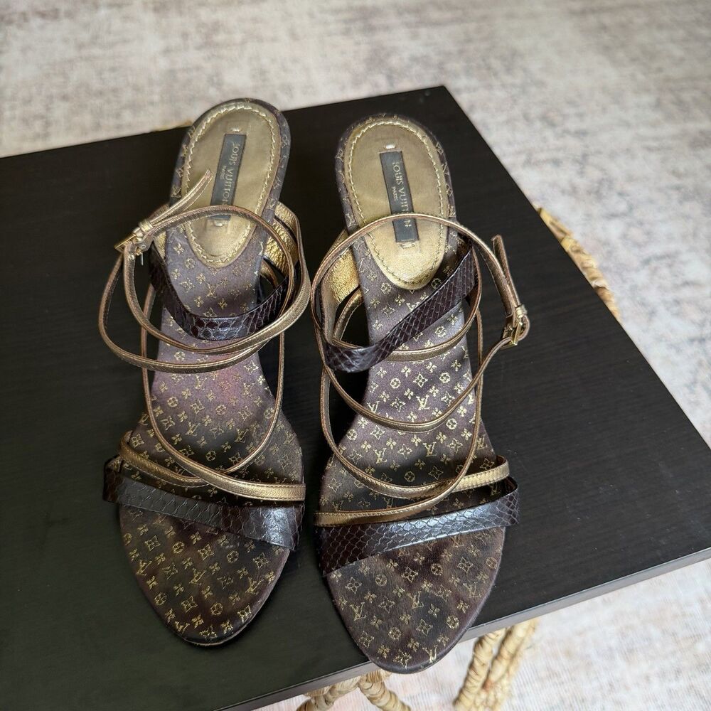 Louis Vuitton Brown Python And Metallic Gold Leather Strappy Sandals Size 39 - Picture 16 of 16